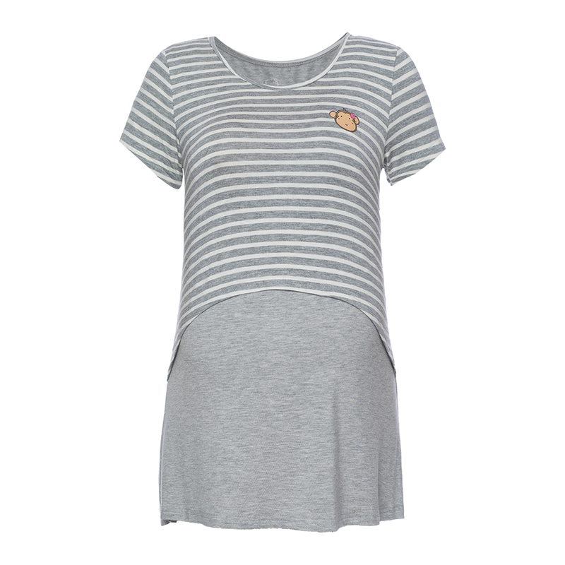 DooDooMooky Maternity & Nursing T-Shirt Small Doo Doo Mooky Face Stripe Grey & White with Grey