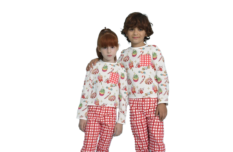 Pyjamas Set Christmas 3 White + Checkers Red