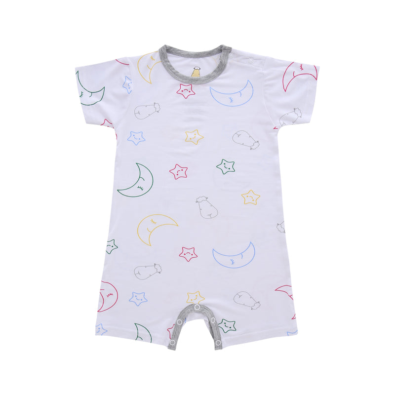 Romper Short Sleeve Colourful Moon & Star White with Grey Border