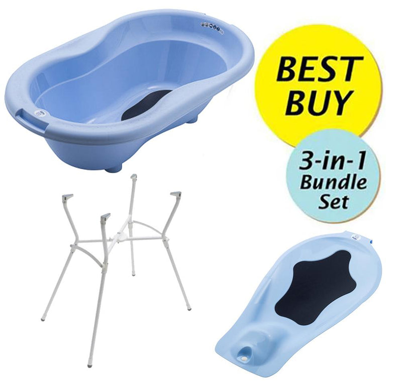 Rotho Babydesign Value Bundle B, Bath Tub + Bath Seat + Bath Stand - Sky Blue