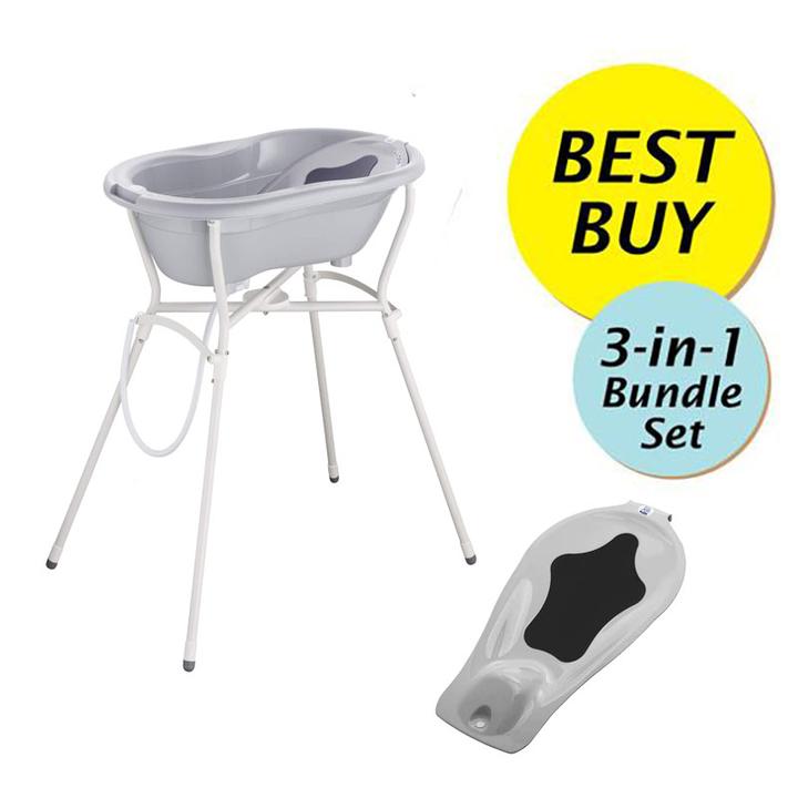 Rotho Babydesign Value Bundle B, Bath Tub + Bath Seat + Bath Stand - Pearl Silver
